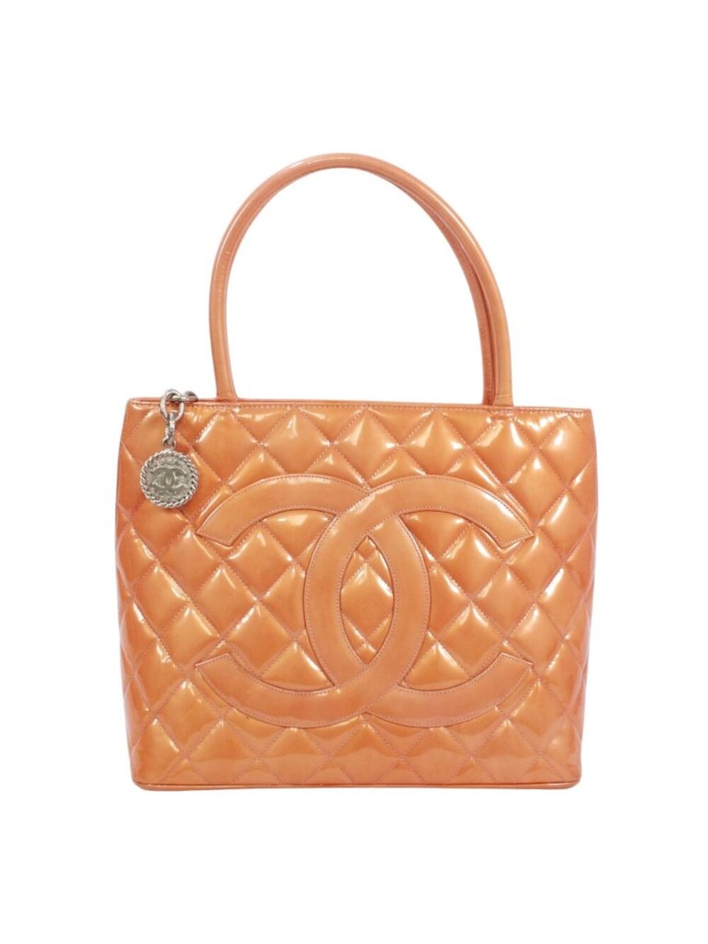 Chanel Medallion Tote Bag Patent Leather Orange Silver